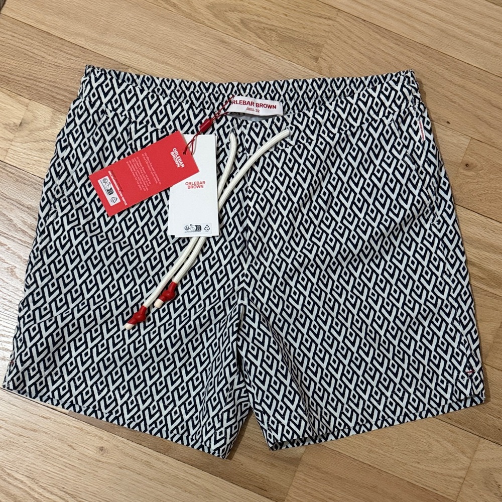 Orlebar Brown Black and White Patterned Swim Trunks